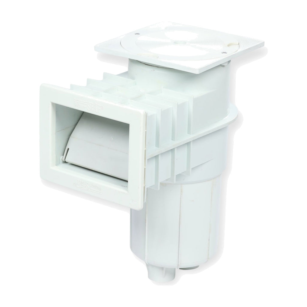 Waterstar standard pool skimmer, front view of the mouth and weir, white background