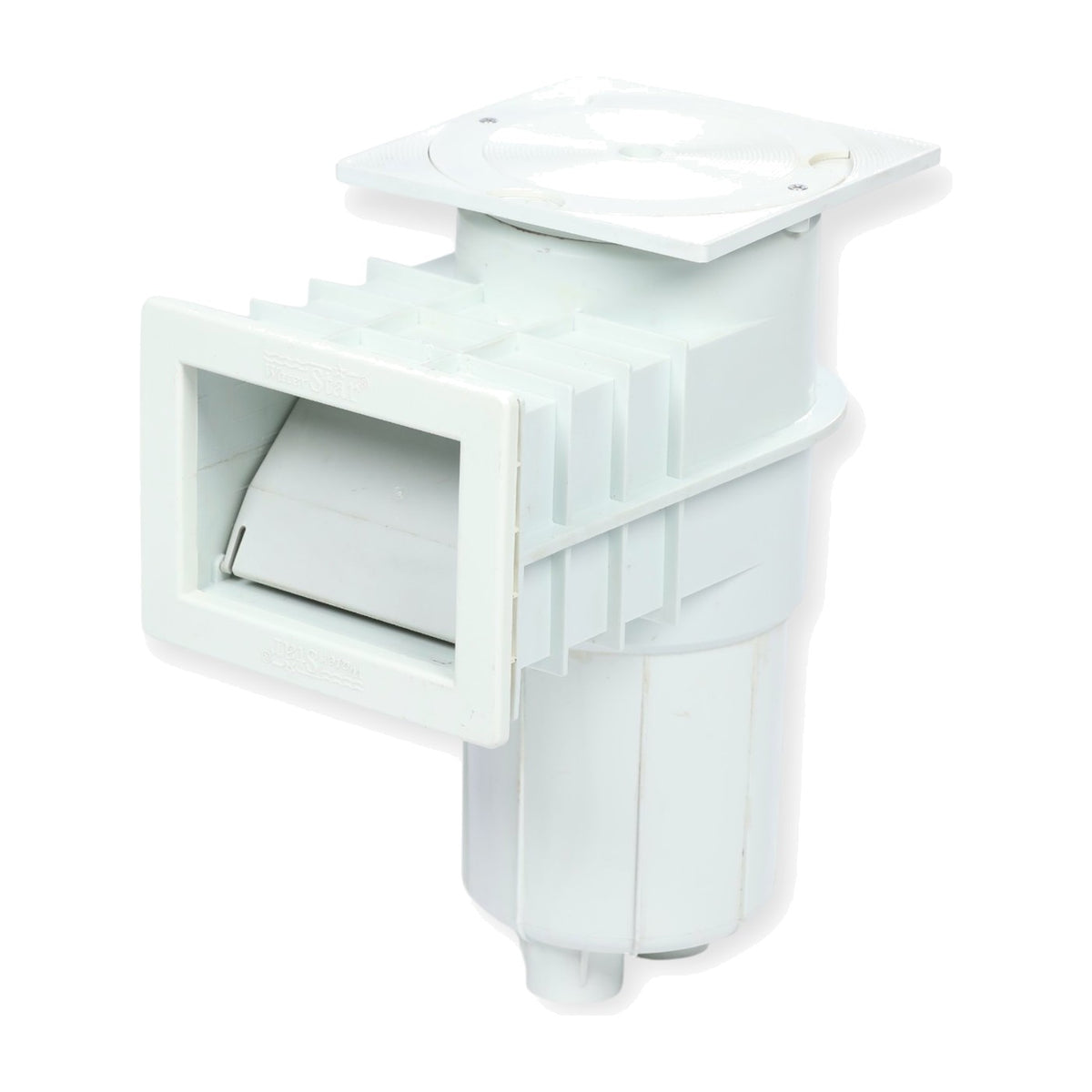 Waterstar standard pool skimmer, front view of the mouth and weir, white background
